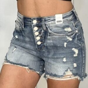 NWT 1XL Judy Blue High Waist White Button Fly Distressed Shorts